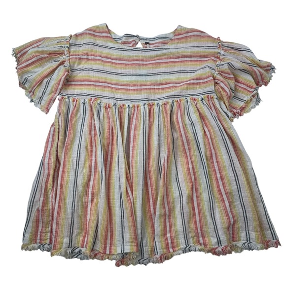 Free People Striped Ruffle Short Sleeve Tunic Top Cotton Gauze Womens Size Large - Picture 11 of 16